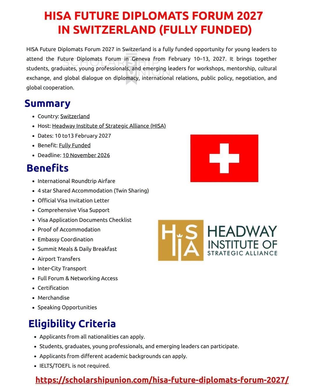 🇨🇠HISA FUTURE DIPLOMATS FORUM 2027 — SWITZERLAND (FULLY FUNDED)