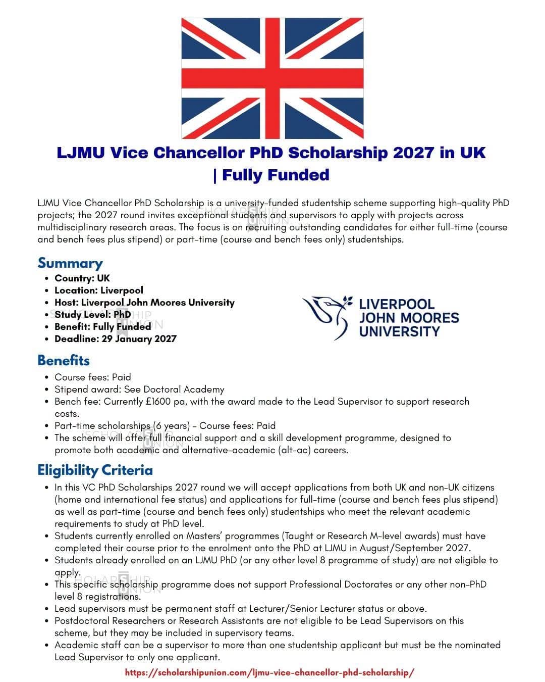 🎓 LJMU VICE CHANCELLOR PhD SCHOLARSHIP 2027 | UNITED KINGDOM