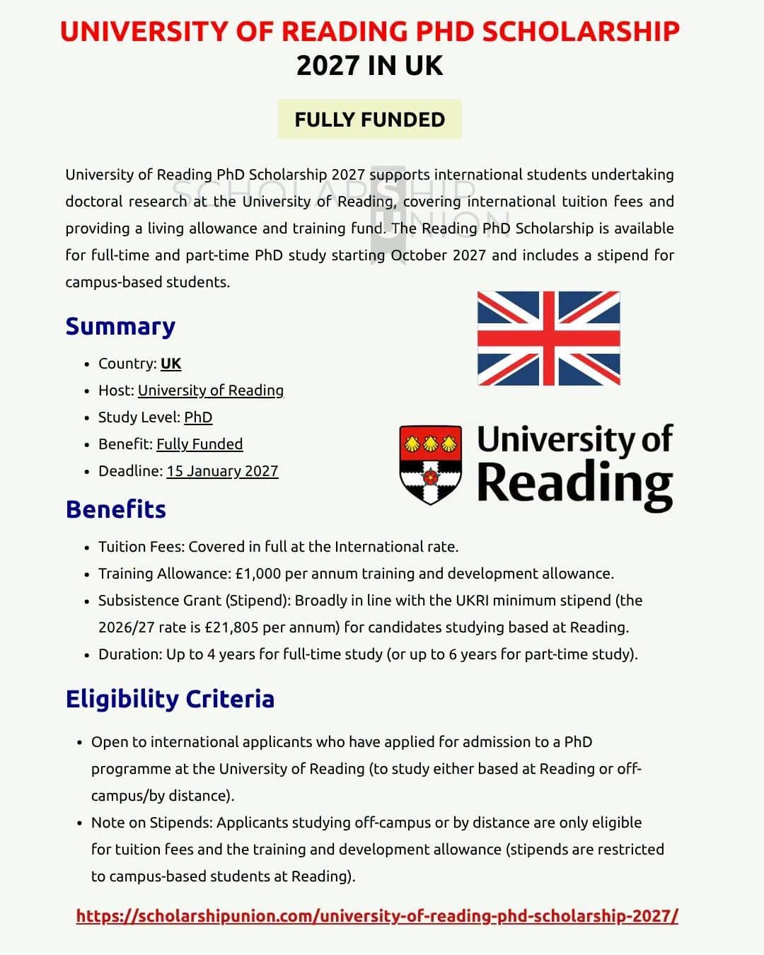 🎓 UNIVERSITY OF READING FULLY FUNDED PhD SCHOLARSHIP 2027 IN THE UK