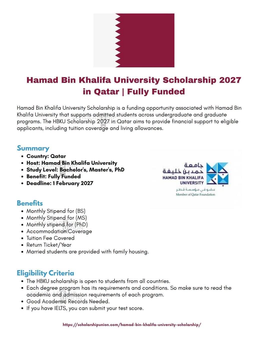 🎓 HAMAD BIN KHALIFA UNIVERSITY SCHOLARSHIP 2027 | QATAR