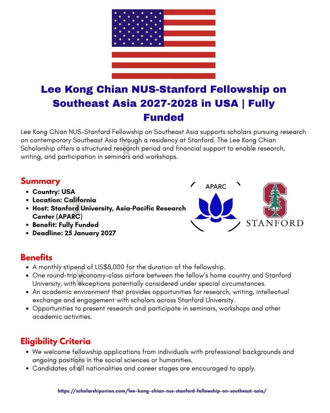 🎓 FULLY FUNDED FELLOWSHIP: LEE KONG CHIAN NUS-STANFORD FELLOWSHIP 2027–2028
