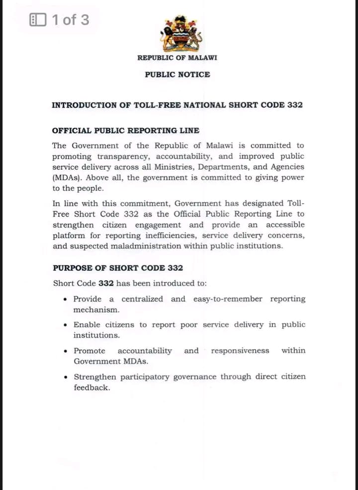Malawi Government Introduces Toll-Free Public Reporting Line – 332