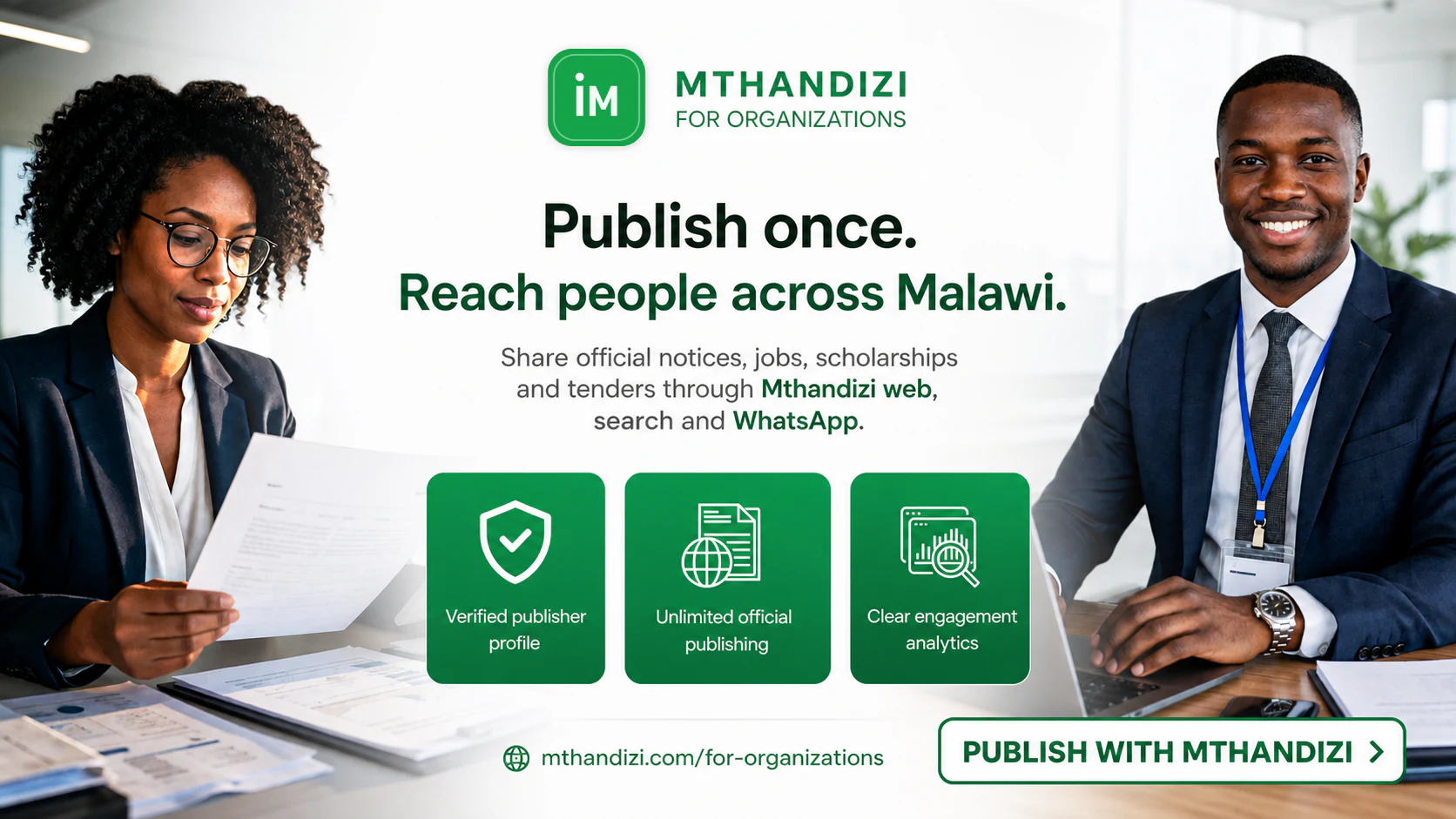 Mthandizi publishing graphic: official notices, jobs, scholarships and tenders reaching people across web, search and WhatsApp